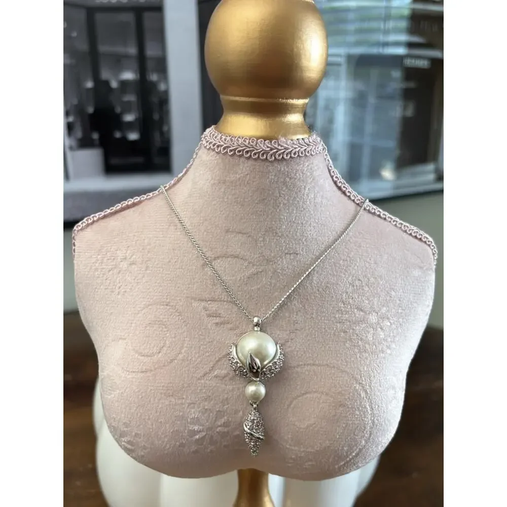 Nina Ricci Rhodium plated Pearl Drop Pendant Necklace Elegant White Pearl Accent